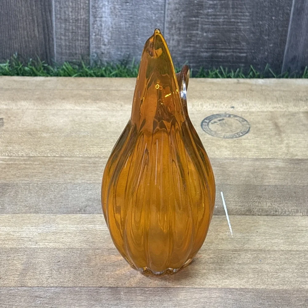 Vintage MCM Amber Tangerine Art Glass Pitcher Vase Ribbed Loop Handle Italian